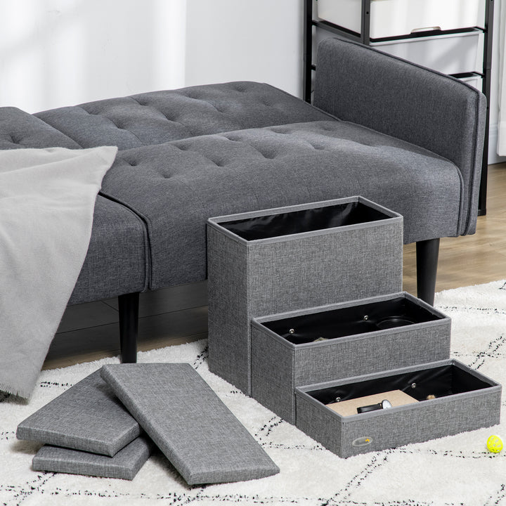 3 Steps Pet Stairs, with Storage Boxes, for Bed, Couches - Grey