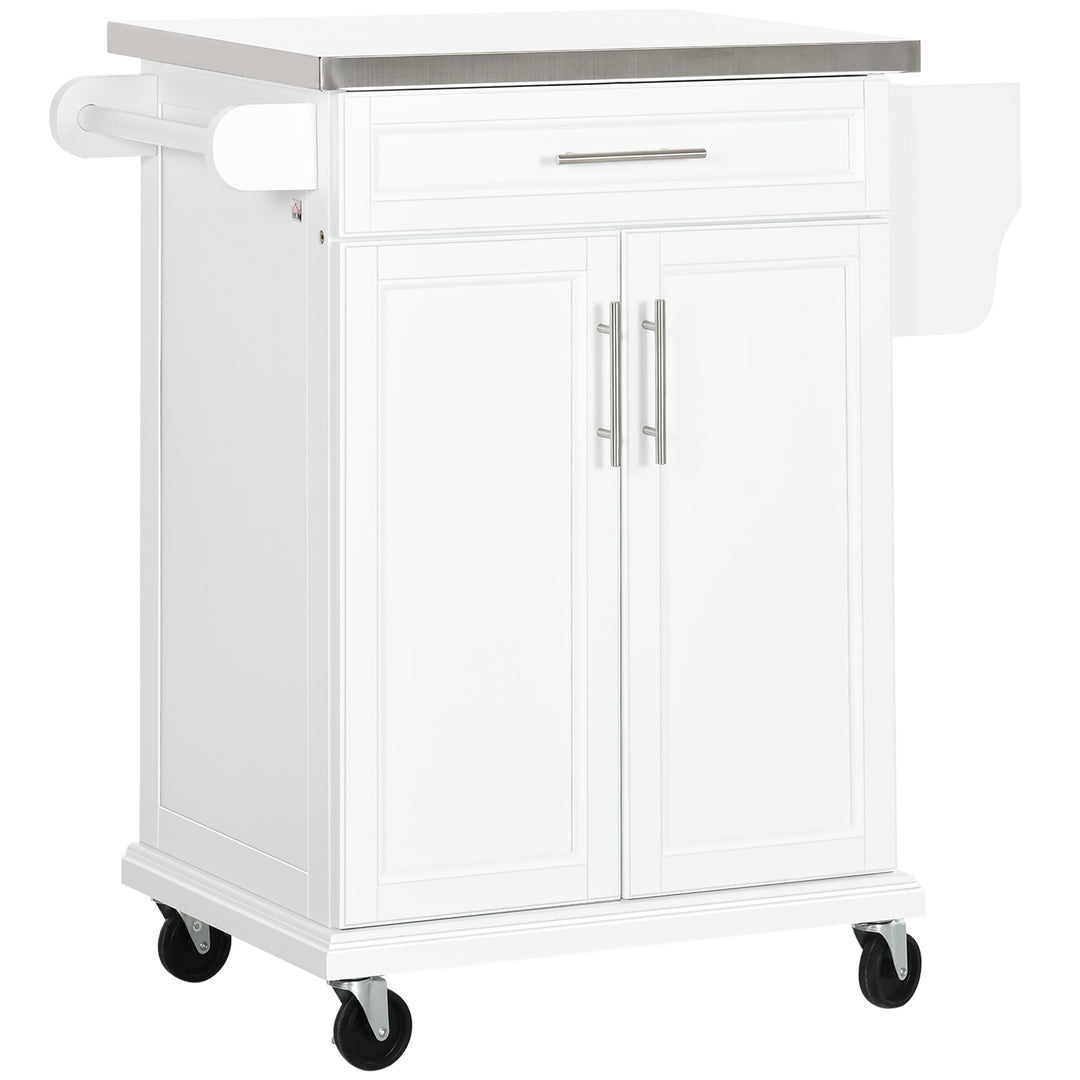 MCL Wooden Kitchen Island on Wheels, Serving Cart Storage Trolley with Stainless Steel Top, Drawer, Side Handle and Rack, White