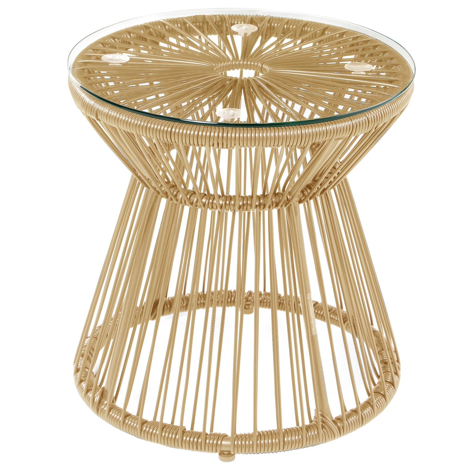 Round End Table, Rattan Side Table, Hollow Drum Design Coffee Table w/ Glass Tabletop for Patio, Garden, Balcony Natural