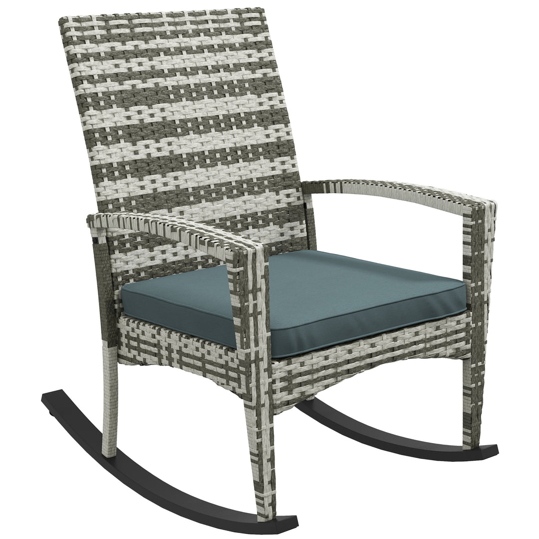 PE Rattan Garden Rocking Chair, Outdoor Rocking with Cushion, 160 KG Capacity Wicker Garden Armchair Rocker with Metal Frame for Patio, Porch, Balcony, Light Grey