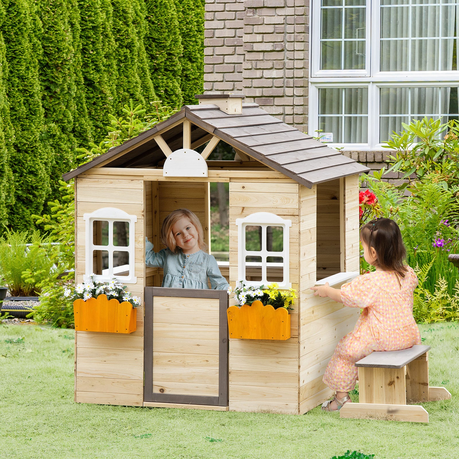 Wooden Playhouse for Kids Outdoor Wendy House with Door, windows, Bench, Service Stations, Flowerpot Holder, For Ages 3-7 Years