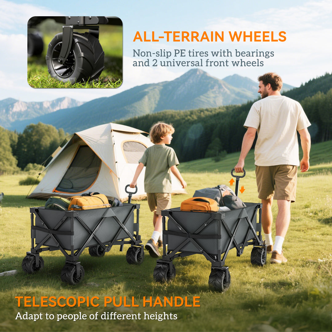 Outdoor Pull Along Cart Folding Cargo Wagon Trailer Trolley for Beach Garden with Handle, Anti-Slip Wheel - Dark Grey