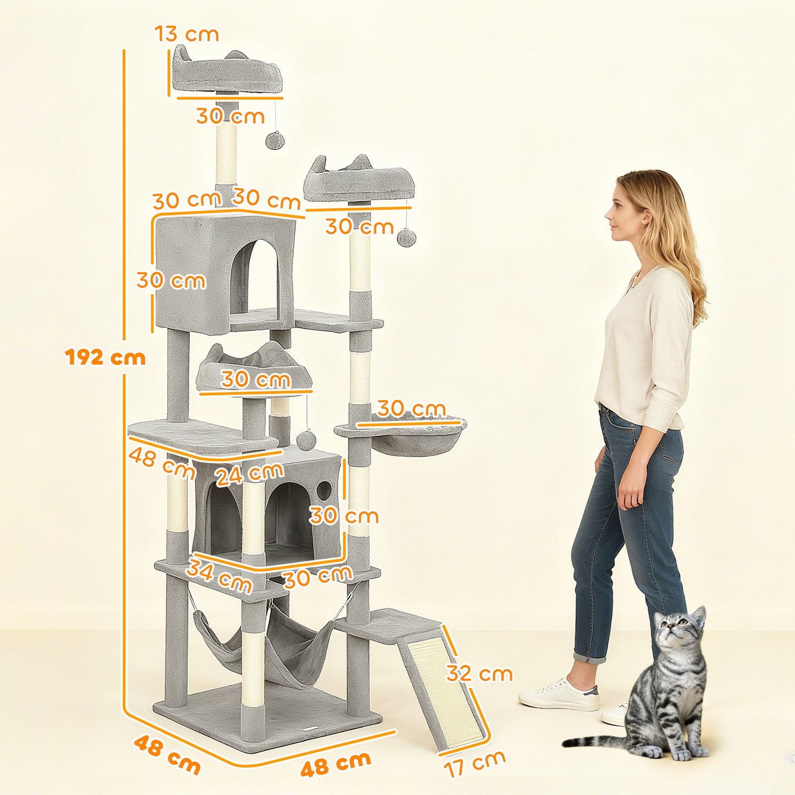 Cat Tree, 192 cm Large Multi-Level Cat Tower for Indoor Kittens with 8