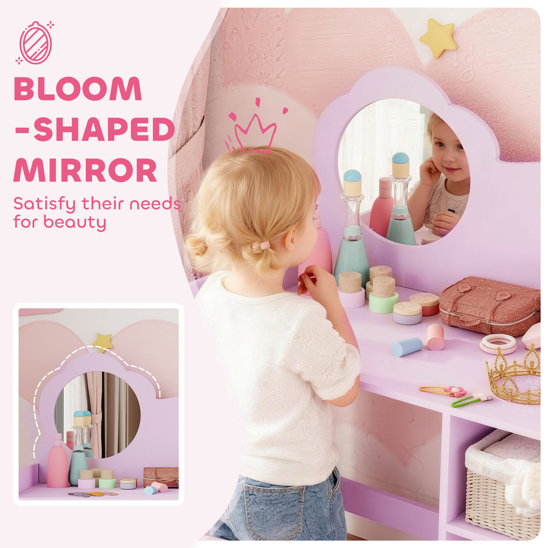 Kids Dressing Table with Mirror, Stool, Kids Vanity Table with Shelves, for Ages 3-8 Years