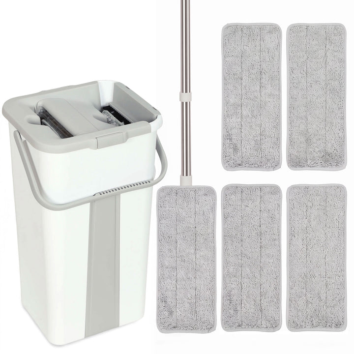 Mop and Bucket Set, Compact Flat Mop System with Wringer, 2-Chamber