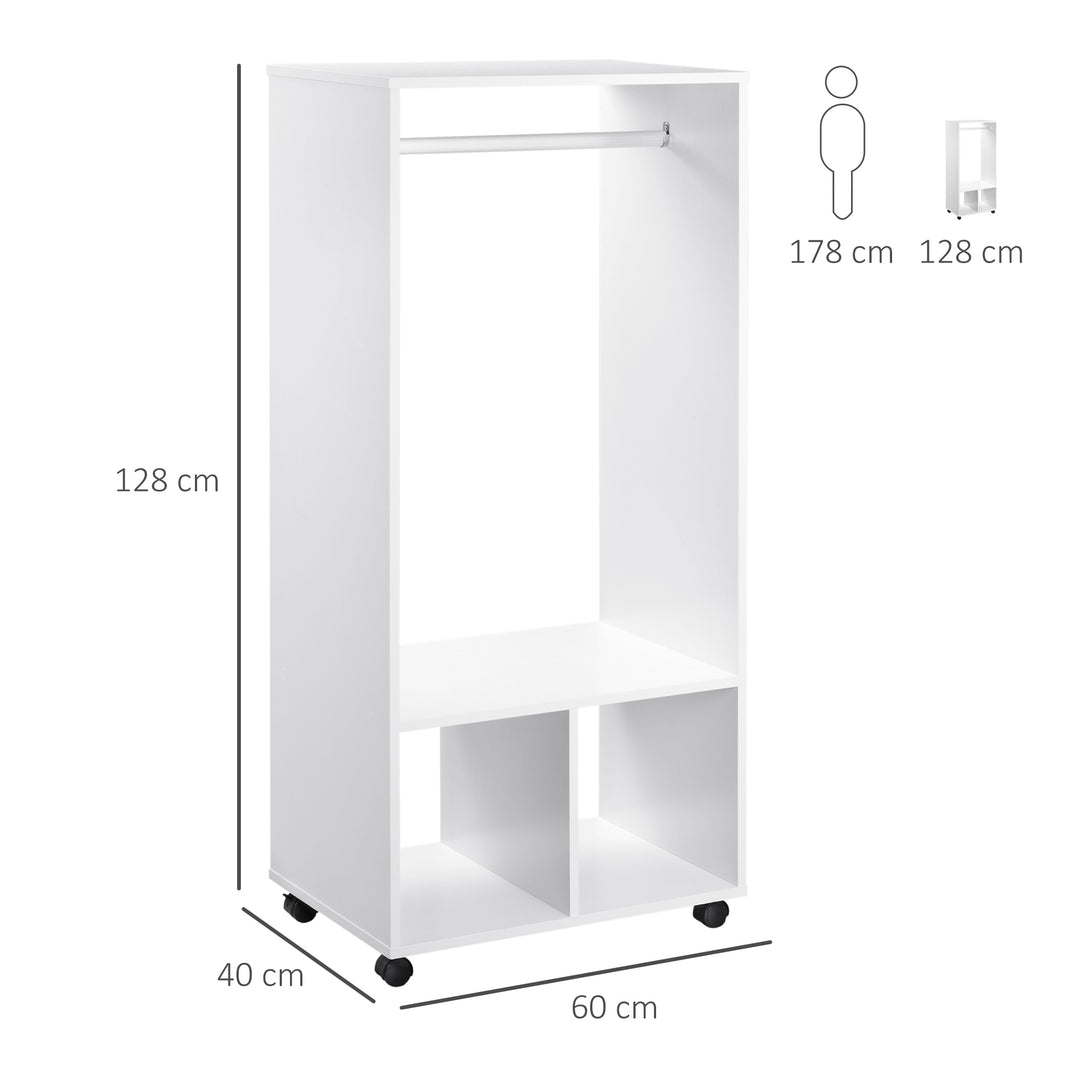 Open Wardrobe on Wheels, Bedroom Wardrobe with Clothes Hanging Rail, 2 Storage Shelves, Mobile Garment Rack for Cloakroom, Hallway, White