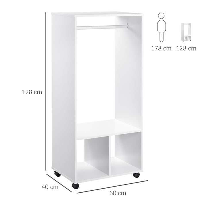 Open Wardrobe on Wheels, Bedroom Wardrobe with Clothes Hanging Rail, 2 Storage Shelves, Mobile Garment Rack for Cloakroom, Hallway, White