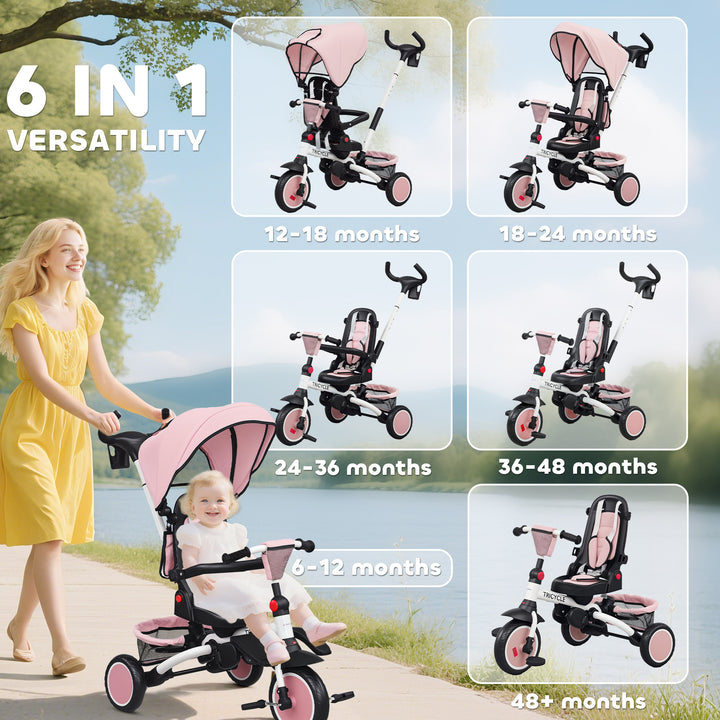 AIYAPLAY 6 in 1 Foldable Kids Trike with Adjustable Parent Handle & Canopy for Ages 1-5, Pink