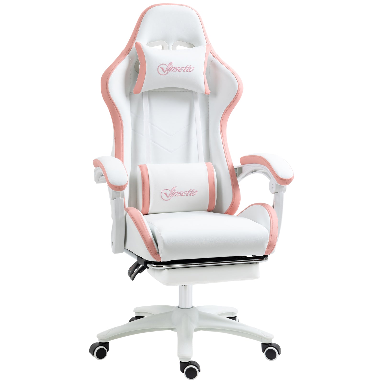 Computer Gaming Chair, PU Leather Office Desk Chair with Footrest, Swivel Wheels, 135° Reclining Back, Lumbar Support, Headrest for Home, White and Pink