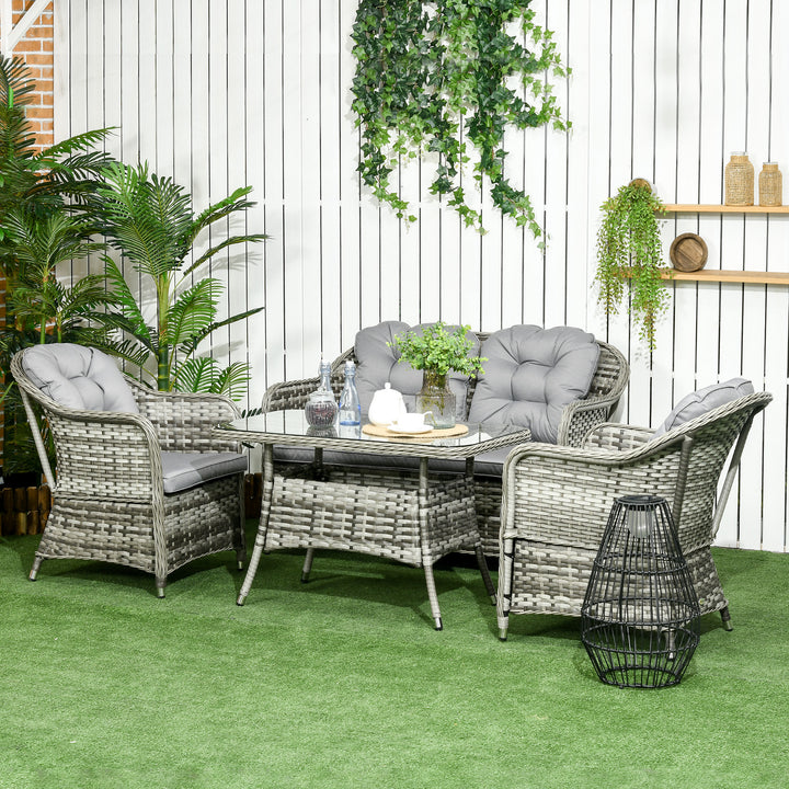 Outsunny 4 Pieces Outdoor PE Rattan Garden Furniture, Patio Round Wicker Woven Conversation Sofa Set w/ Padded Cushions and Tempered Glass Top Table