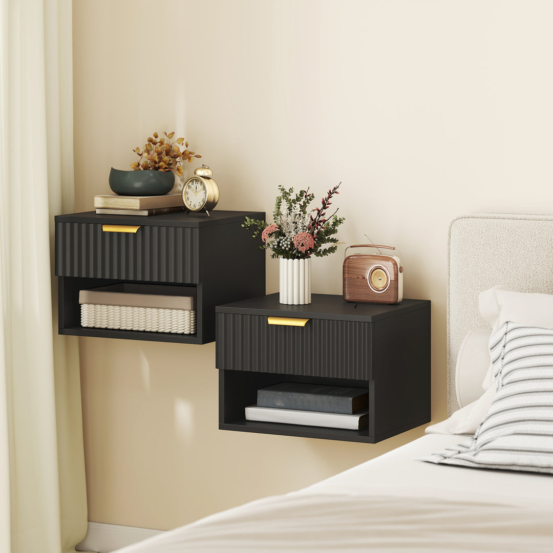 Floating Nightstands Set of 2, Modern Wall Mounted Bedside Tables, Bla