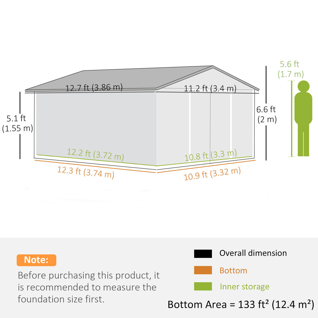 MCL 13 x 11ft Large Garden Shed, Mental Garden Storage Shed with Foundation Kit Ventilation & Doors, Light Grey