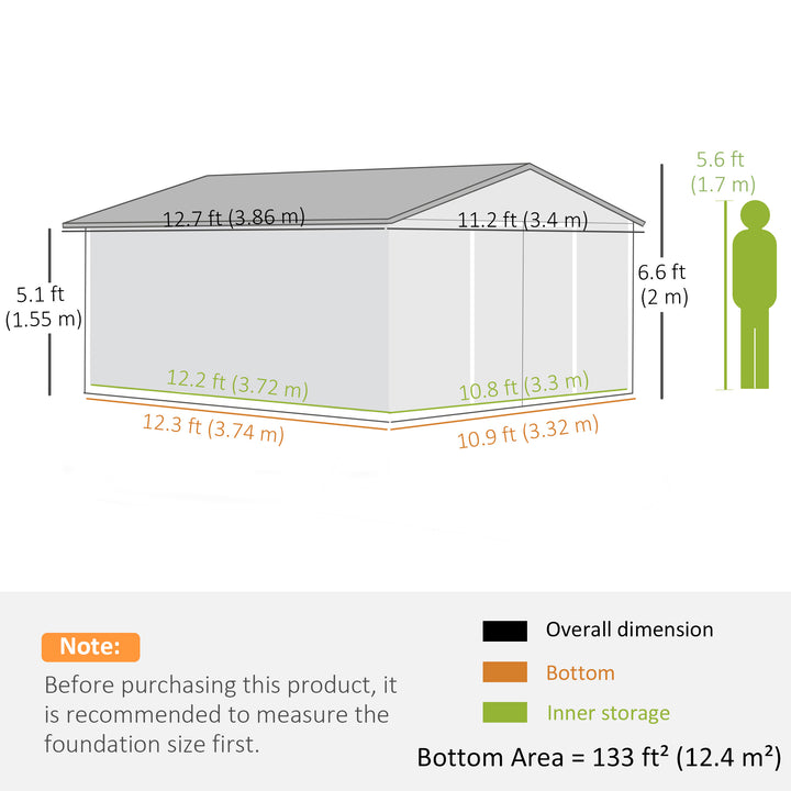 MCL 13 x 11ft Large Garden Shed, Mental Garden Storage Shed with Foundation Kit Ventilation & Doors, Light Grey