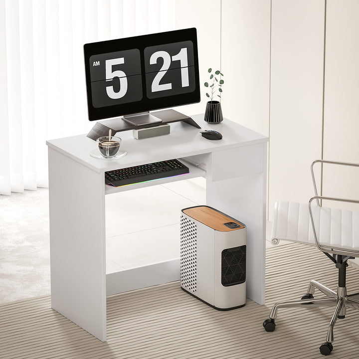80cm Compact Computer Desk with Keyboard Tray, Home Office Desk with Drawer for Bedroom Study, White