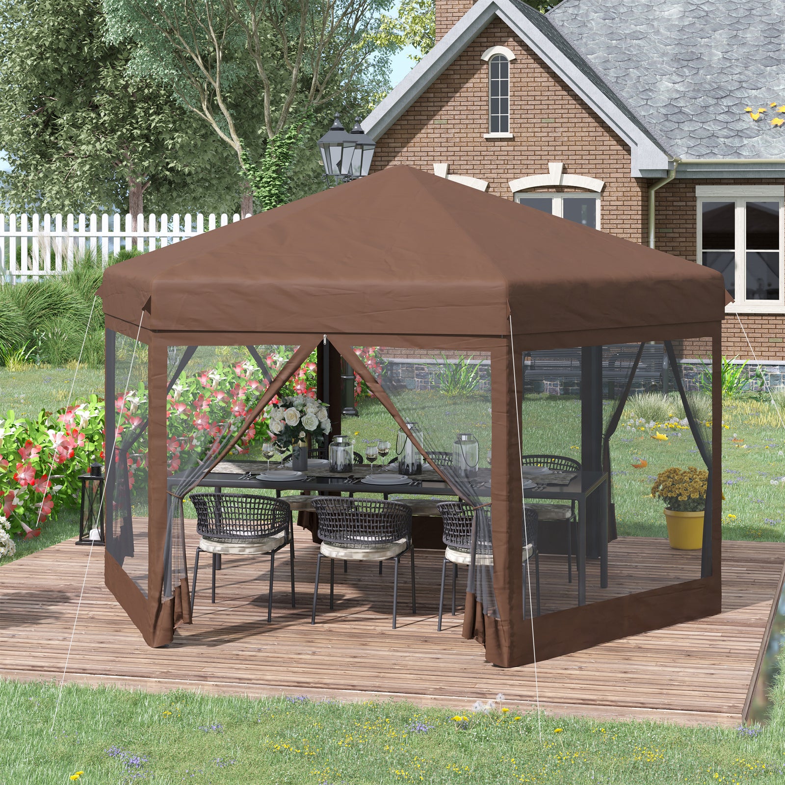3.5m x 4m Hexagonal Pop Up Gazebo, Canopy Tent Sun Shelter for Patio Outdoor Party, Height Adjustable, with Mosquito Netting and Carry Bag - Brown