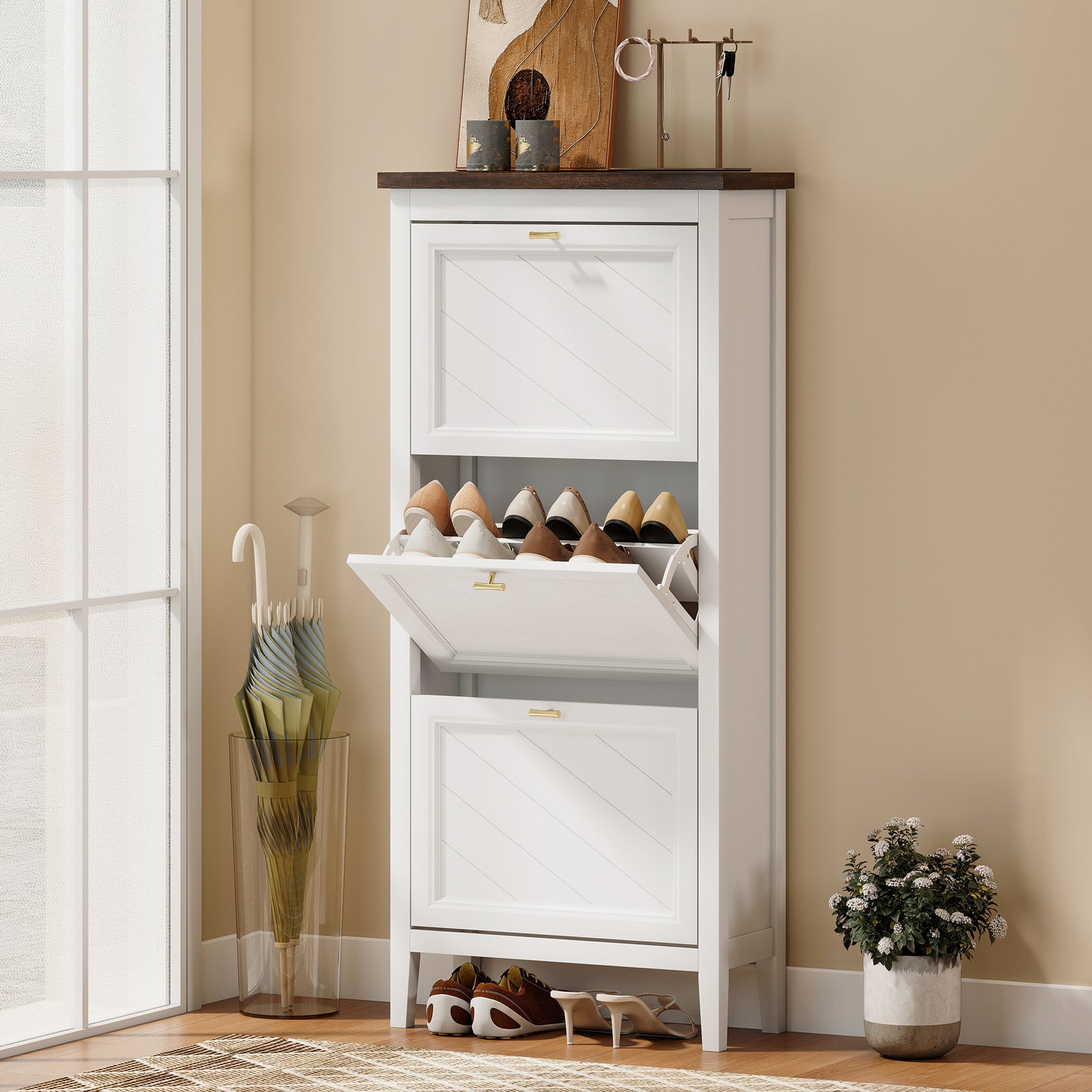 Shoe Cabinet with 3 Flip Drawers, Farmhouse Narrow Shoe Storage Cabine