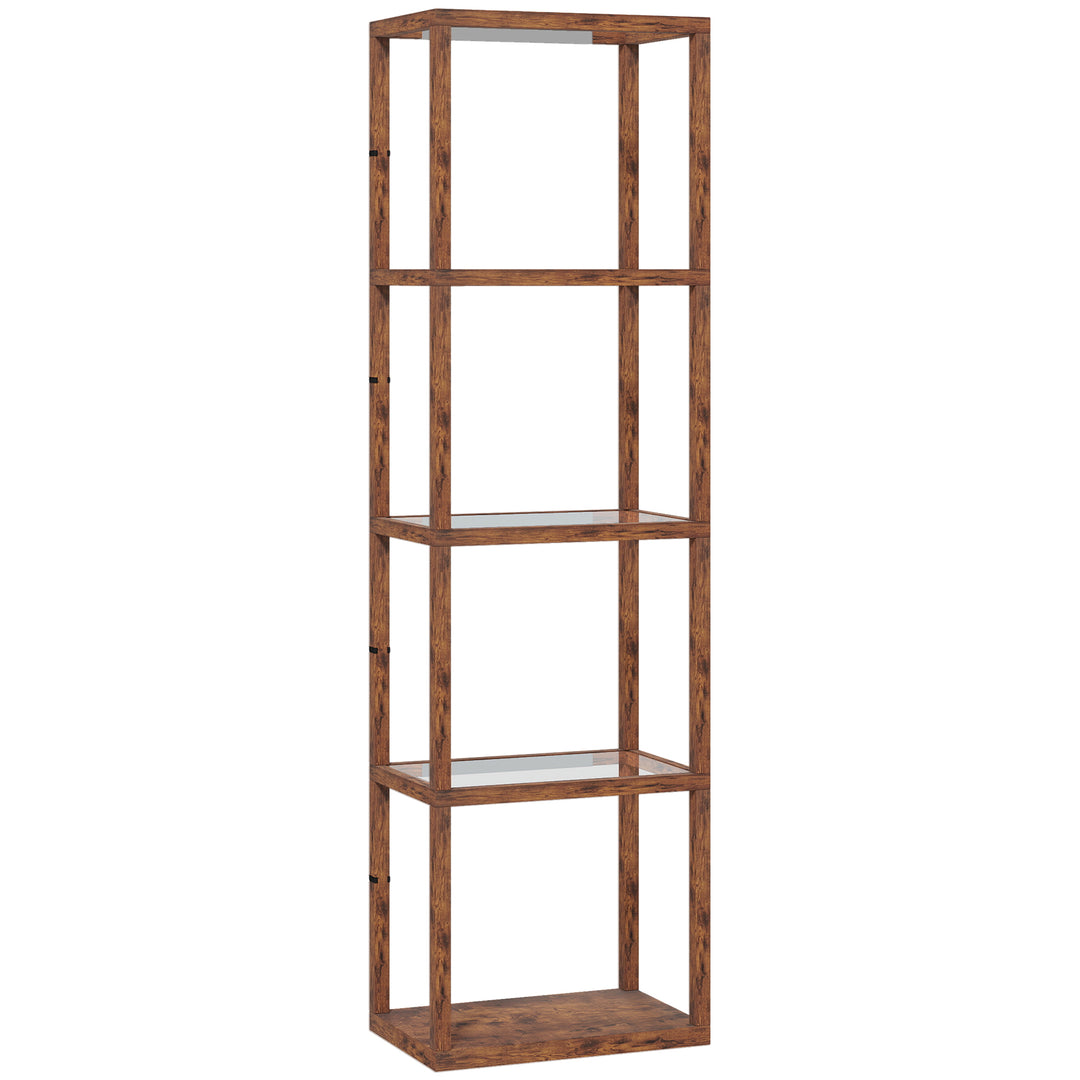 LED Floor Lamp with Glass Shelves, 4 Layers Dimmable Tall Standing Lamp, Modern Column Shelf Floor Light for Living Room, Bedroom, Office, Rustic Brown