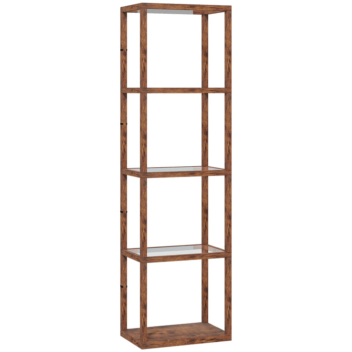 LED Floor Lamp with Glass Shelves, 4 Layers Dimmable Tall Standing Lamp, Modern Column Shelf Floor Light for Living Room, Bedroom, Office, Rustic Brown