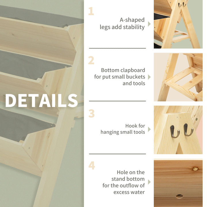 3 Tier Raised Beds for Garden, Wooden Planter Boxes with Clapboard and Hooks, 142L, 120 x 68 x 80cm