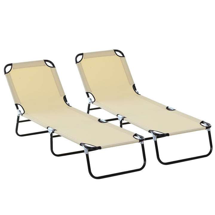 2 Piece Foldable Sun Loungers with 5-Position Adjustable Backrest, Outdoor Portable Recliner Chaise Lounge Chairs with Breathable Mesh Fabric, Beige