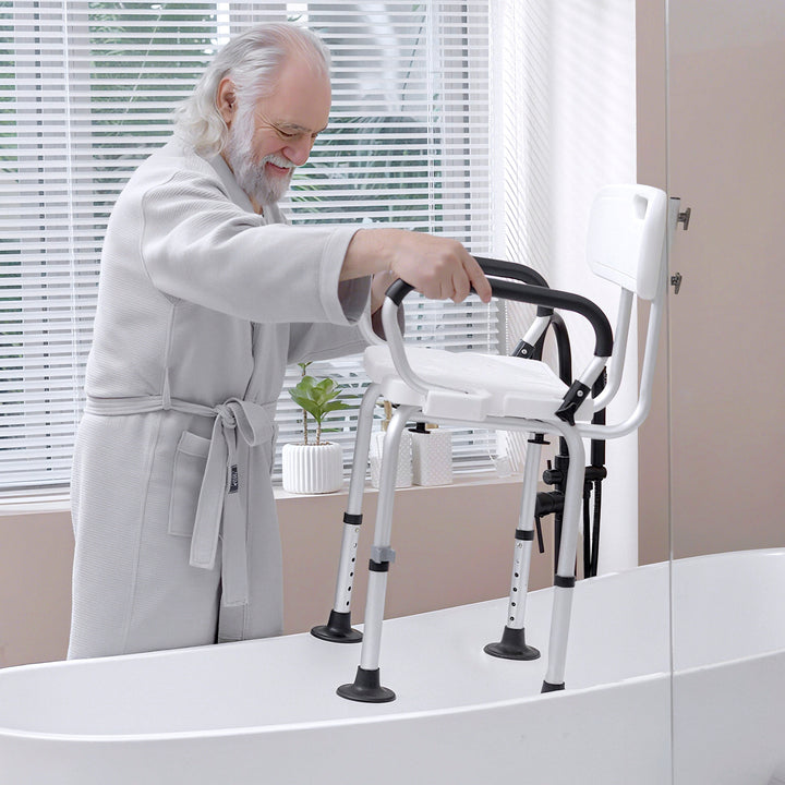 Shower Chair for the Elderly and Disabled, Height Adjustable Shower Stool with Back and Flipped Padded Arms, Suction Foot Pads, White