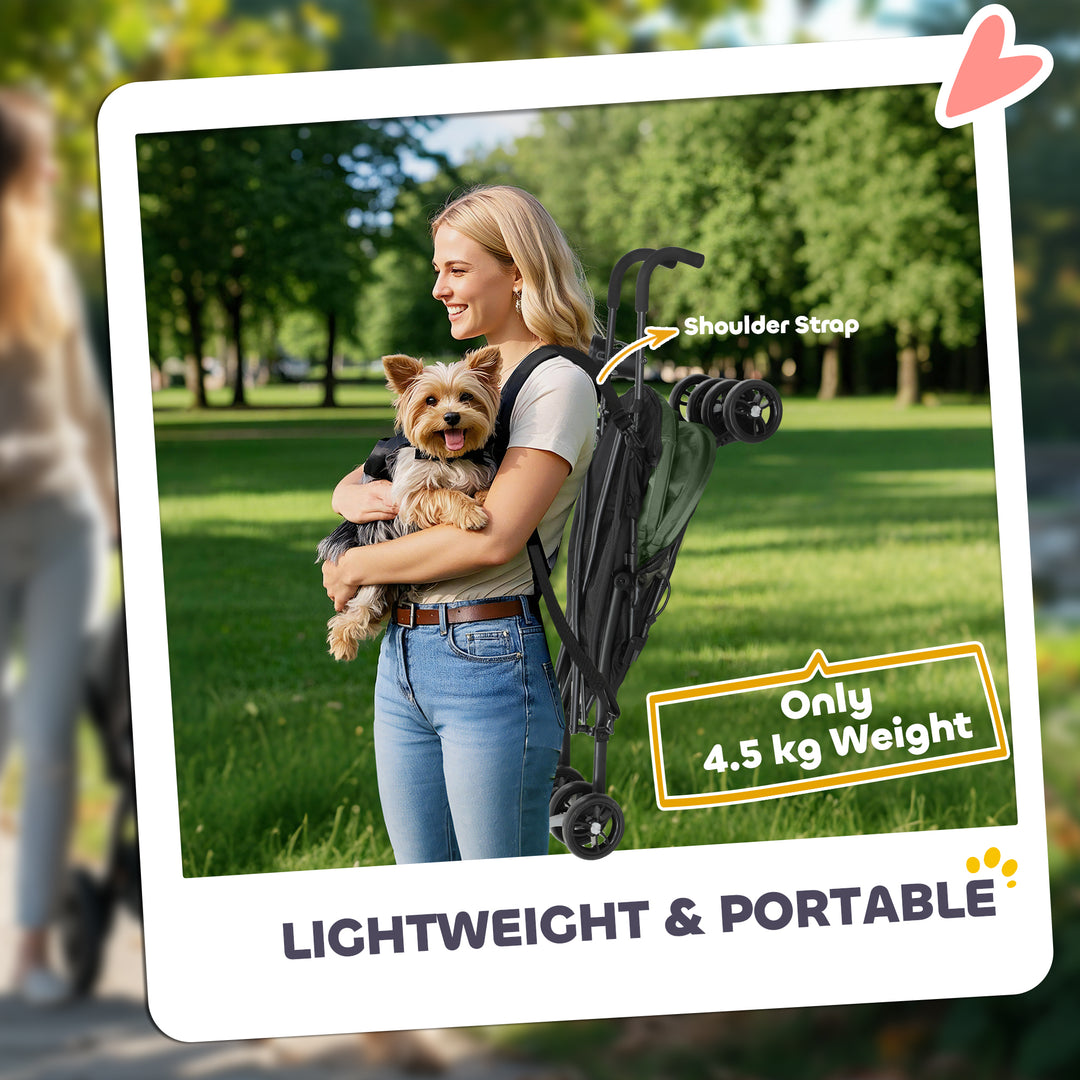 Foldable Dog Stroller, Lightweight Dog Pram w/ Shoulder Strap, Storage Bag, Cup Holder, Dark Green