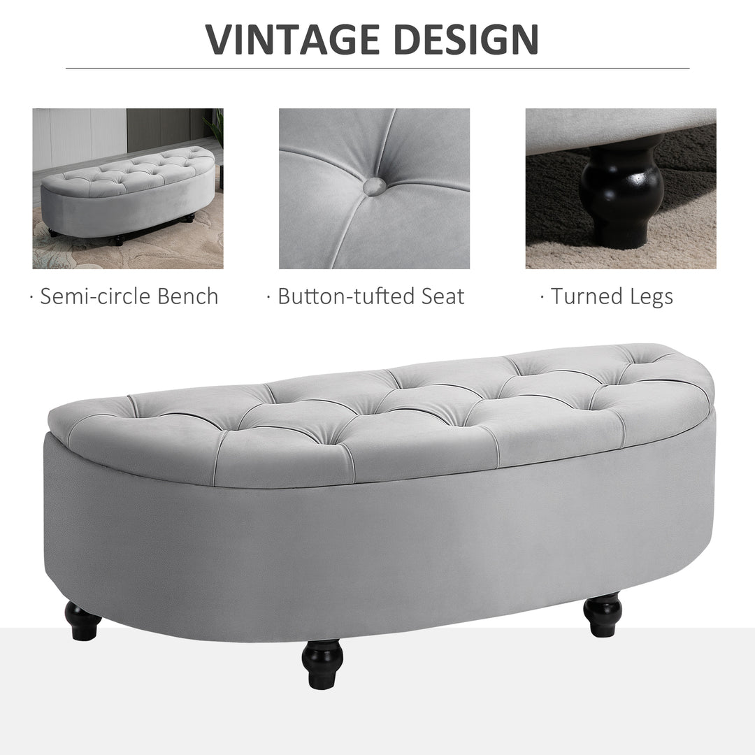 Semi-Circle Ottoman Storage Bench, Bed End Bench, Tufted Upholstered Window Seat Footrest Stool with Rubberwood Legs for Bedroom & Entryway, 120 x 46 x 42 cm, Light Grey
