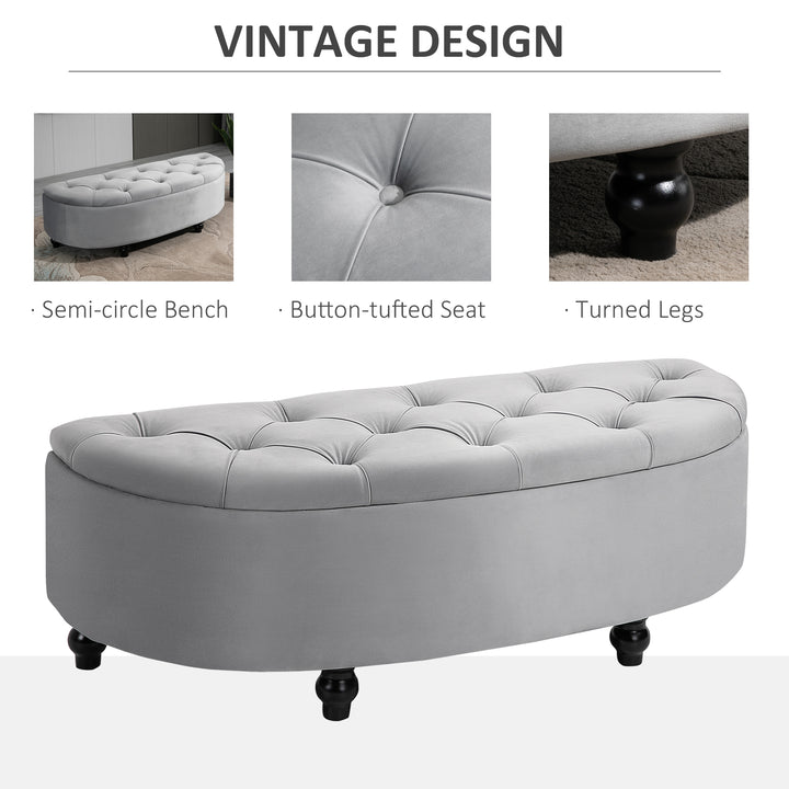 Semi-Circle Ottoman Storage Bench, Bed End Bench, Tufted Upholstered Window Seat Footrest Stool with Rubberwood Legs for Bedroom & Entryway, 120 x 46 x 42 cm, Light Grey