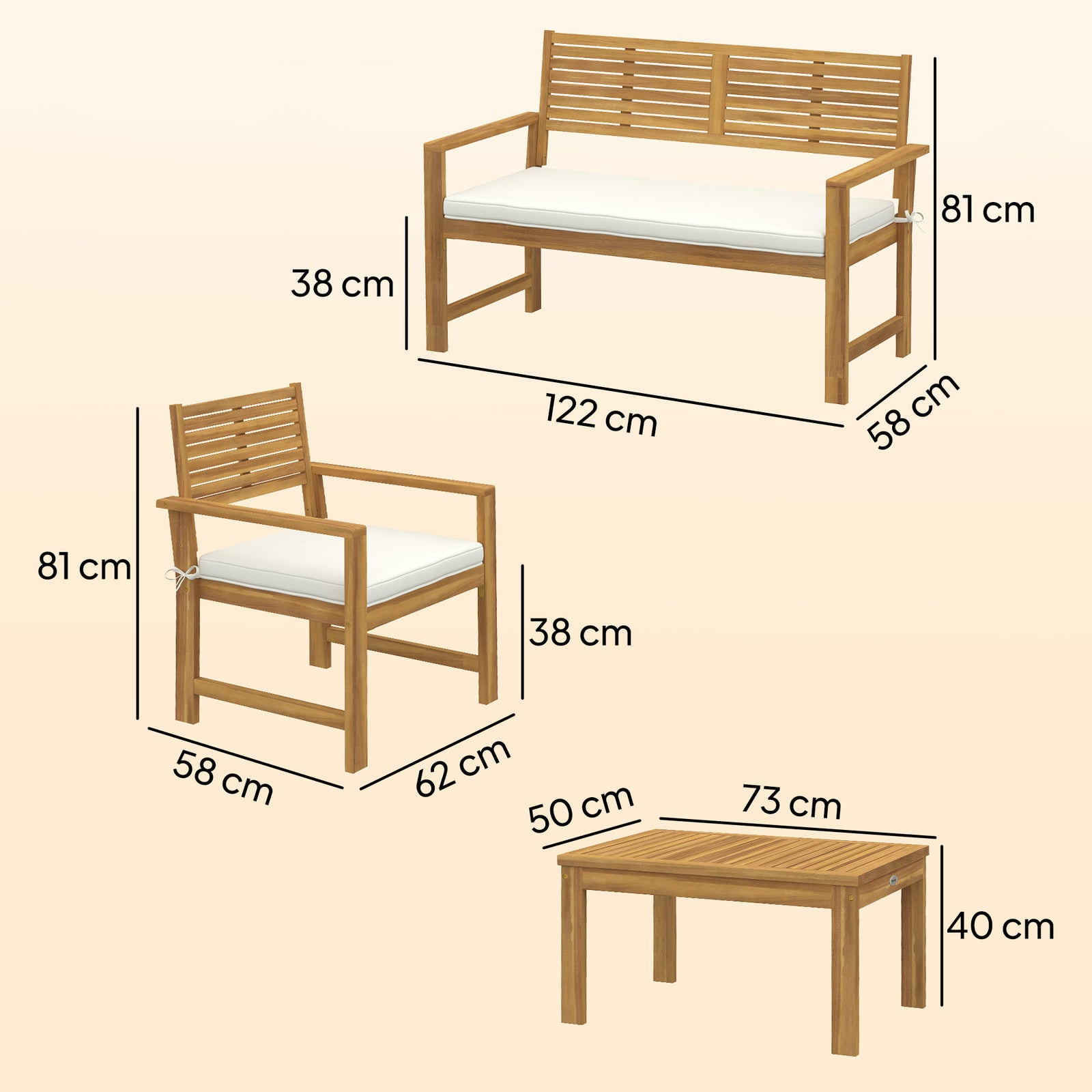 4 Seater Wooden Garden Furniture Set with Loveseat, Armchairs, Table, 