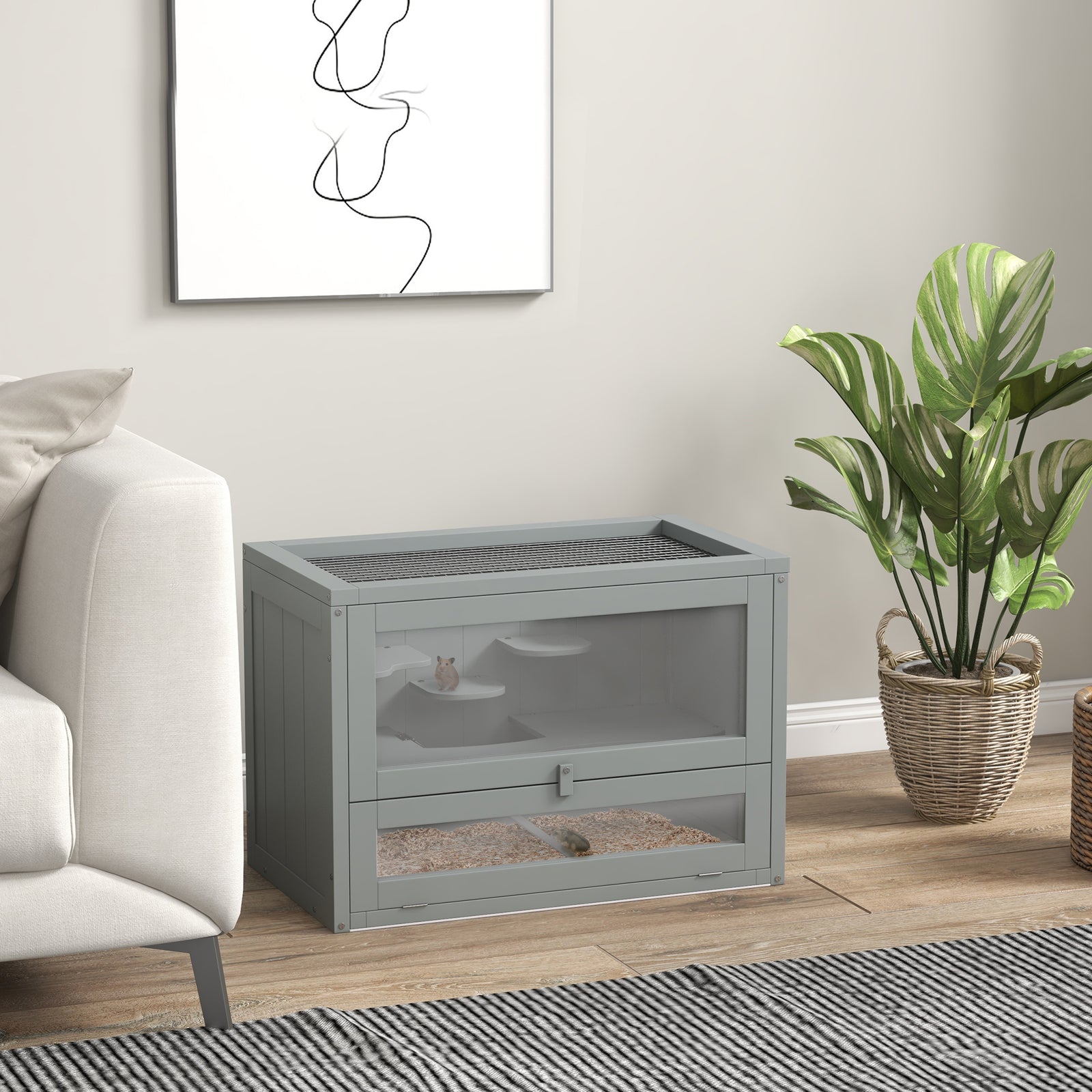 Wooden Hamster Cage Mouse Mice Rodent Small Animals Hutch Exercise Play House 60 x 35 x 42cm, Grey