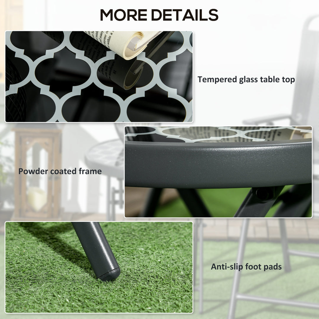 Φ45cm Garden Side Table, Outdoor Round Folding Patio Table with Imitation Marble Glass Top, Small Coffee Table, Black and White