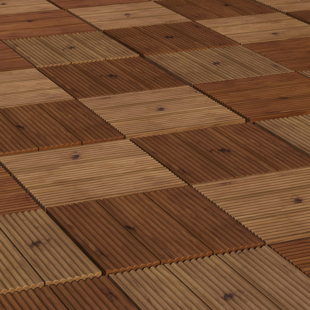 27 Pcs Wooden Interlocking Decking Tiles, 30 x 30 cm Anti-slip Outdoor Flooring Tiles, 0.81㎡ per Pack, All Weather Use for Patio, Balcony, Terrace, Hot Tub, Brown