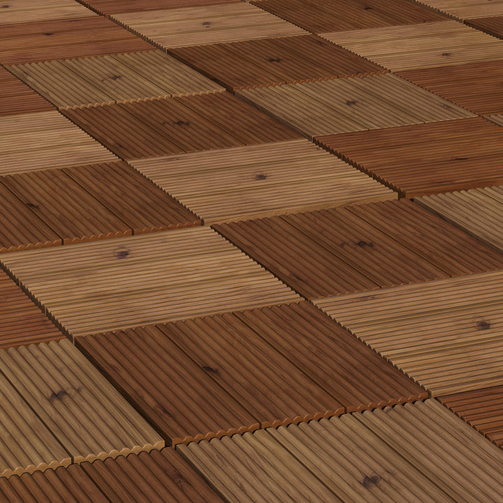 27 Pcs Wooden Interlocking Decking Tiles, 30 x 30 cm Anti-slip Outdoor Flooring Tiles, 0.81㎡ per Pack, All Weather Use for Patio, Balcony, Terrace, Hot Tub, Brown