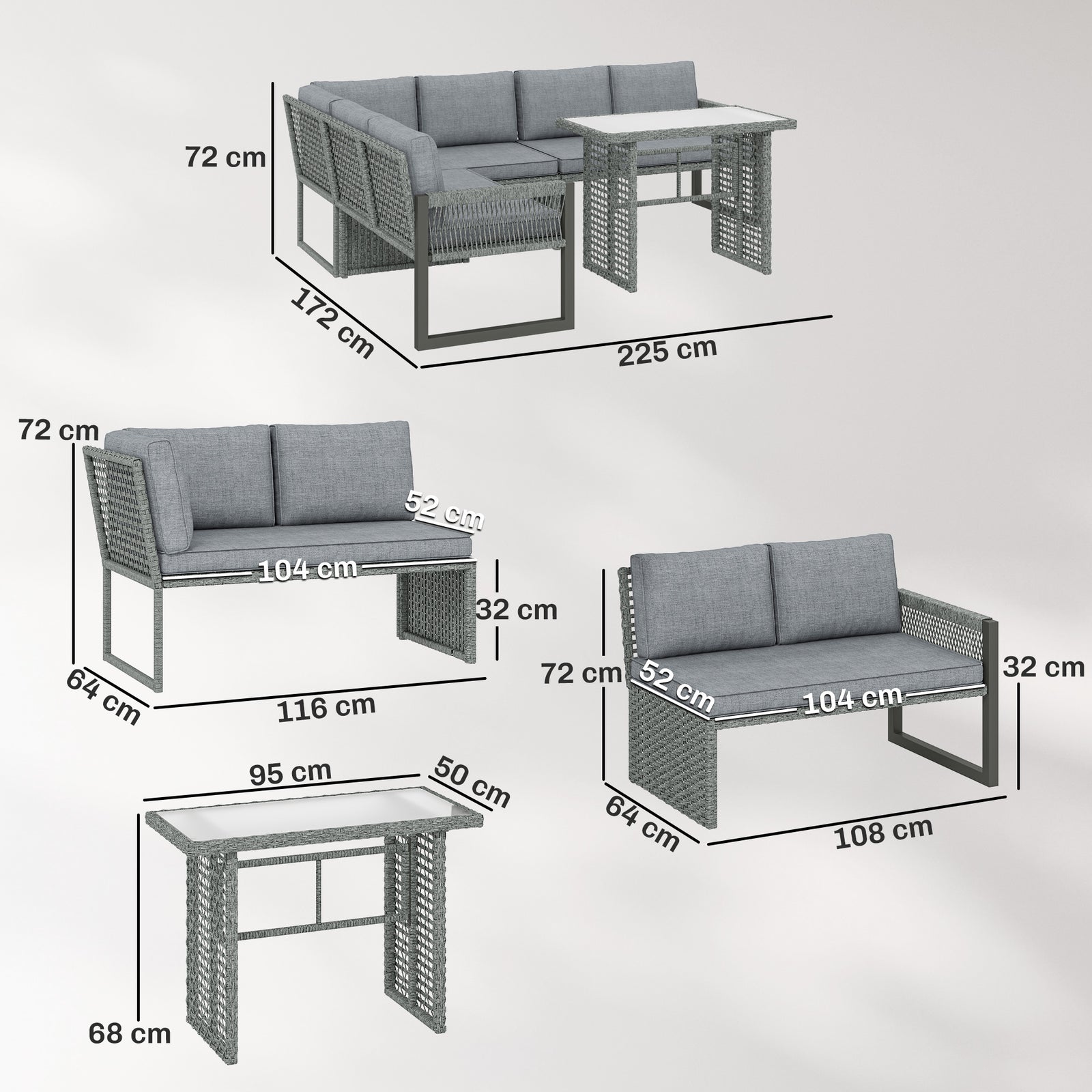 6 Seater Rattan Garden Furniture Set with 3 Loveseats, Table, Patio Ra