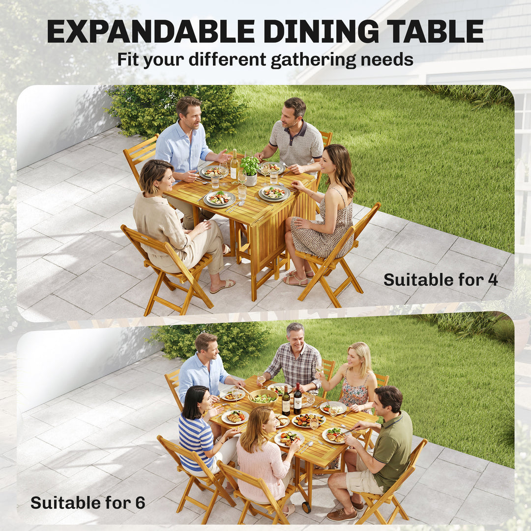 7 Pieces Garden Dining Set, Extending Dining Table and 6 Folding Chair