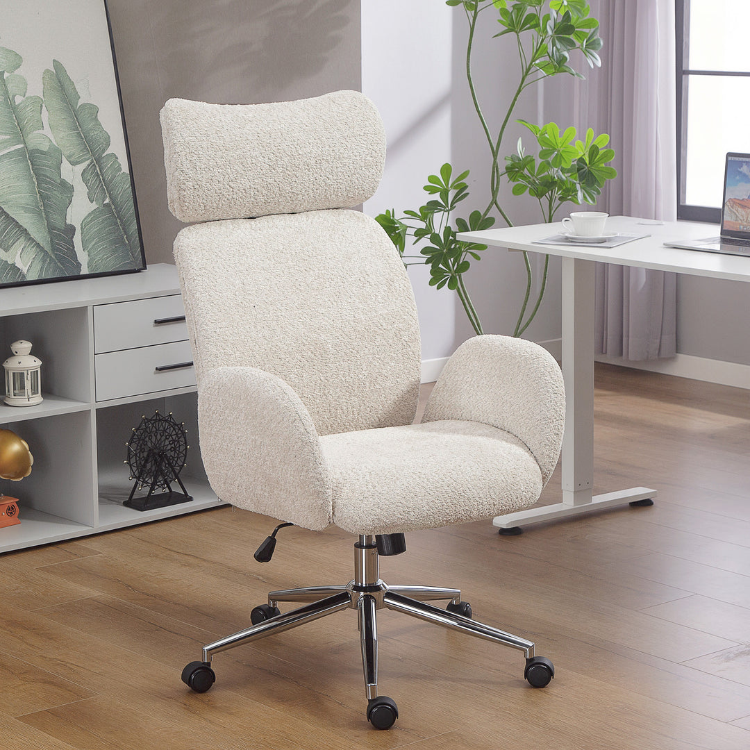 Office Chair with Adjustable Headrest, Spring Pack, Curved Line, Boucle Fabric - Pale