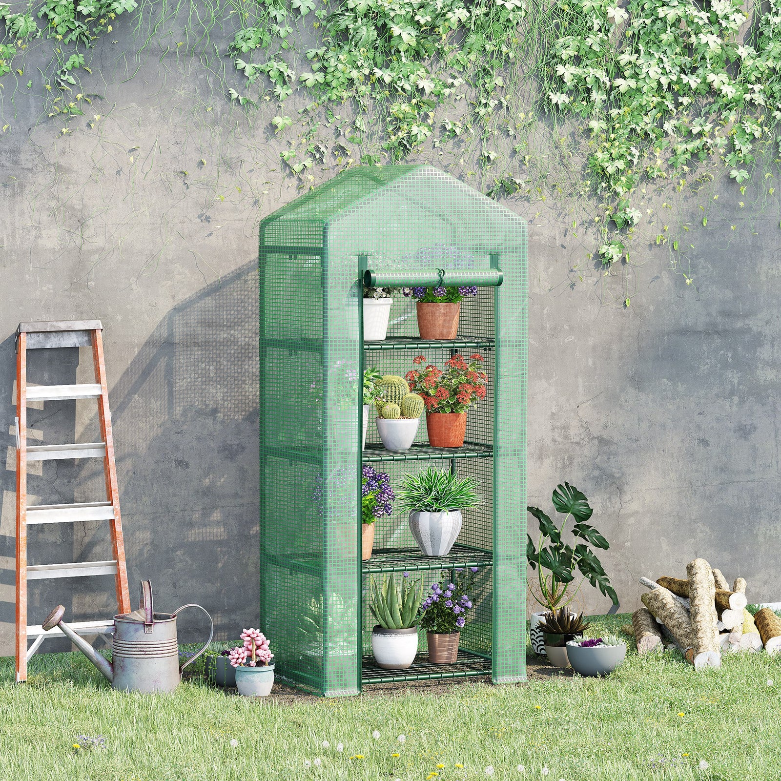4 Tier Mini Greenhouse, Portable Compact Green House with Steel Frame, PE Cover, Roll-up Door, 70 x 50 x 160 cm, Green