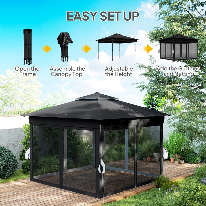 3 x 3(m) Pop Up Gazebo Party Tent with Solar-Powered LED Lights, Adjustable Event Shelter with Netting, Black