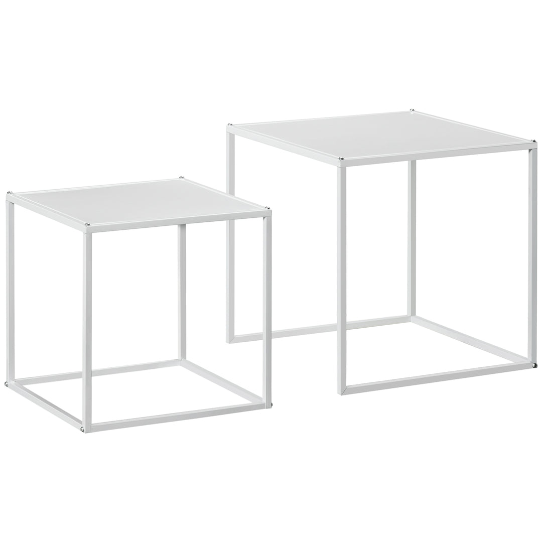 Square Nesting Coffee Table Set of 2, Modern Nest of Tables, Sofa Side Tables with Steel Frame for Living Room, Bedroom, Small Space, White