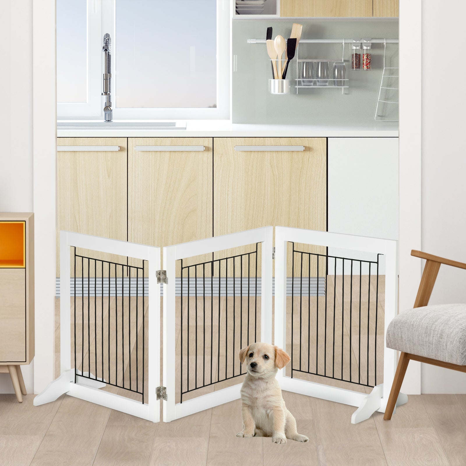 Foldable Pet Gate, with Three Panels & Two Support Feet - White