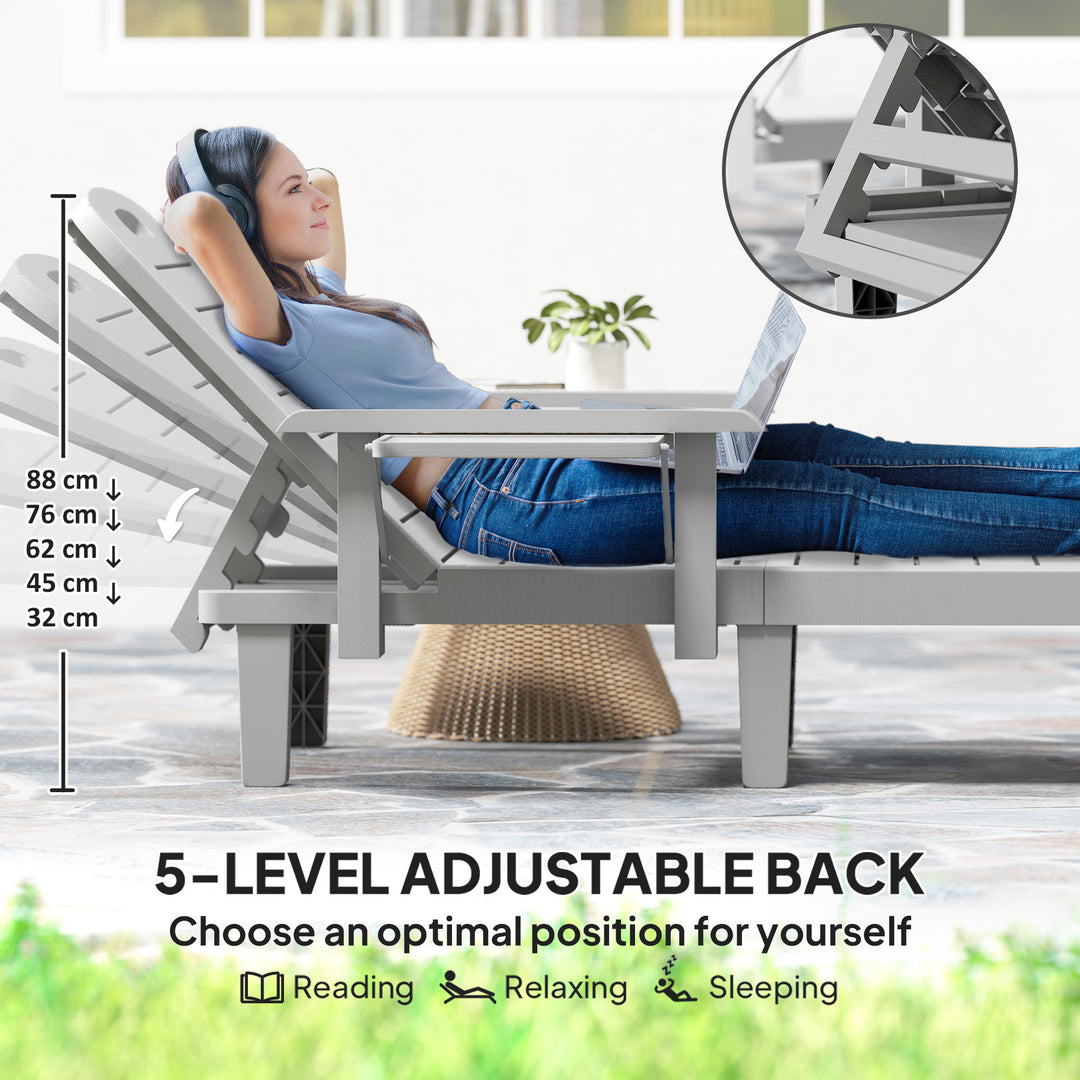 Set of 2 Resin Reclining Sun Loungers for Garden, 5 Positions Adjustable Outdoor Chaise Lounge Chairs with Wood Texture Surface, Armrests, Foldable Side Table for Garden, Beach, Light Grey