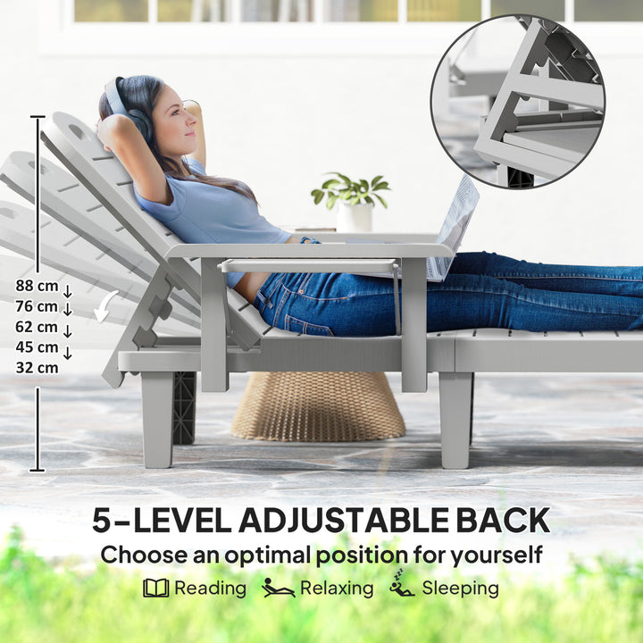 Set of 2 Resin Reclining Sun Loungers for Garden, 5 Positions Adjustable Outdoor Chaise Lounge Chairs with Wood Texture Surface, Armrests, Foldable Side Table for Garden, Beach, Light Grey