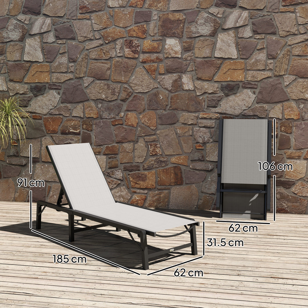 Folding Sun Lounger, 5-Position Adjustable Reclining Garden Lounger, Garden Chaise Lounge Sunbed Recliner Chair with Steel Frame for Beach, Porch, Patio, Camping, Light Grey