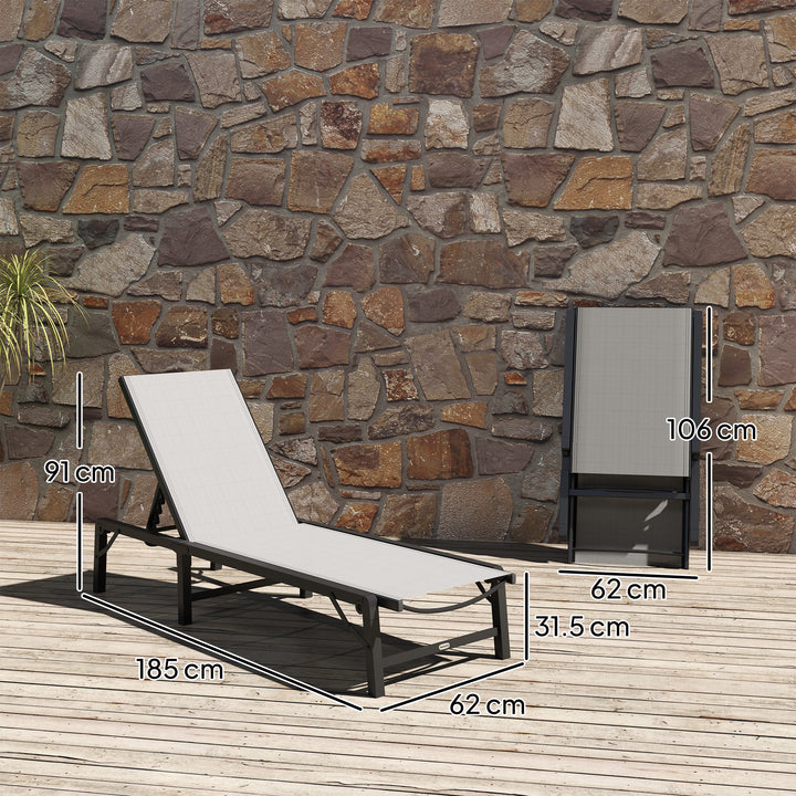 Folding Sun Lounger, 5-Position Adjustable Reclining Garden Lounger, Garden Chaise Lounge Sunbed Recliner Chair with Steel Frame for Beach, Porch, Patio, Camping, Light Grey