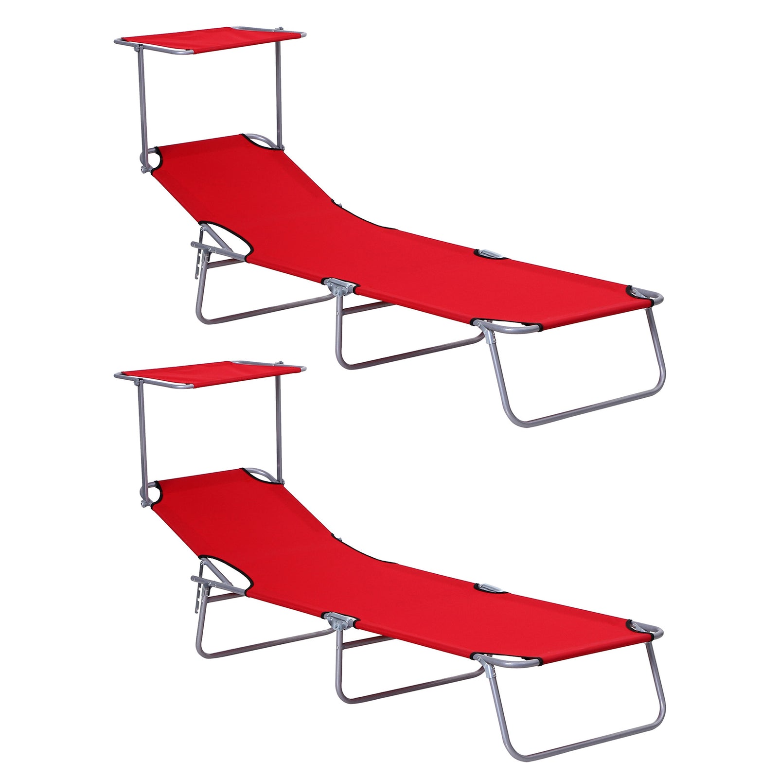 2 Piece Folding Sun Lounger, Lounge Chairs Reclining Sleeping Bed with Adjustable Sun Shade Awning for Beach, Patio