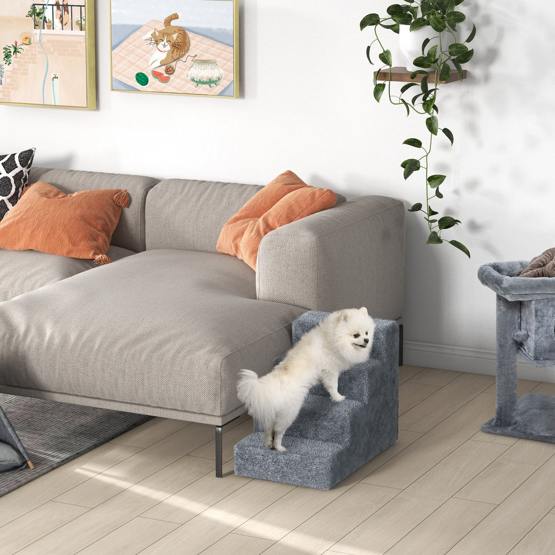 Four-Step Dog Stairs, with Washable Plush Cover, for High Bed Sofa, Dog Stairs for Small Dog and Cat - Light Grey