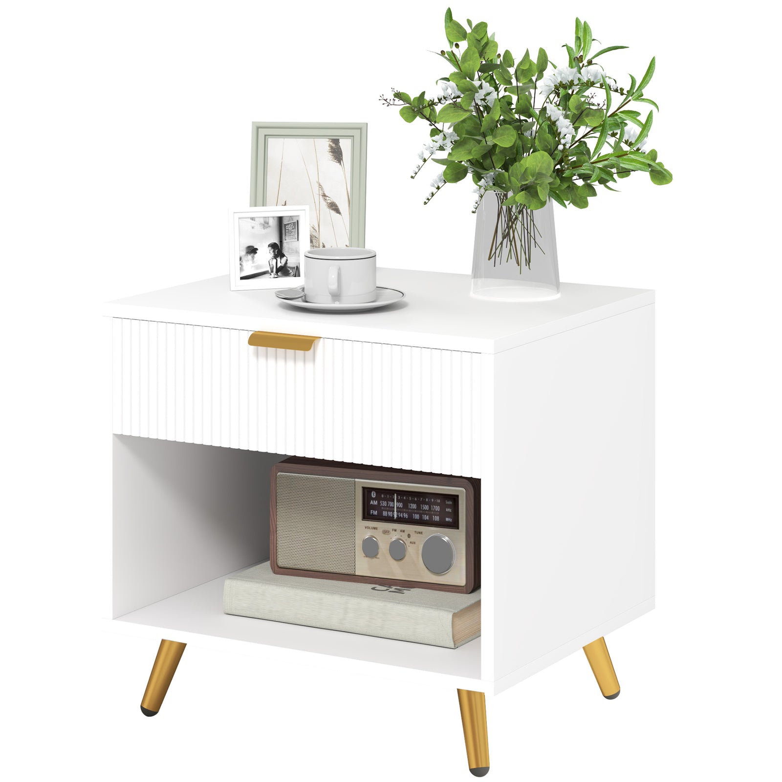 Elegant Bedside Table, with Drawer and Shelf - White/Gold Tone