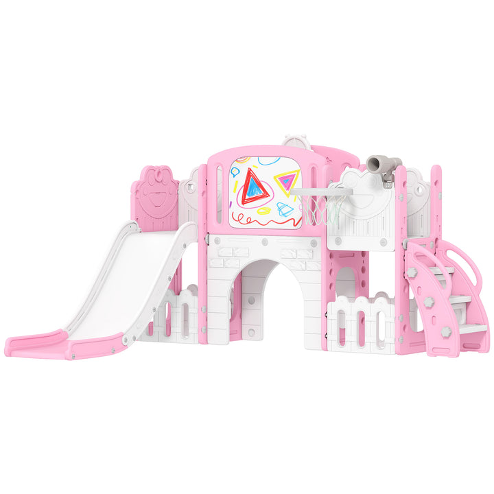 AIYAPLAY 7 in 1 Toddler Slide Set with Basketball Hoop, Climbing Frame, Telescope, Drawing Board, Storage Box, Pink
