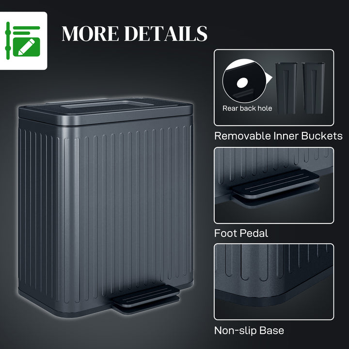 HOMCOM Dual Kitchen Bin, 2 x 20L Double Bin for Recycling and Waste, Fingerprint-proof Pedal Bin with Soft-Close Lid, Removable Inner Buckets, Black