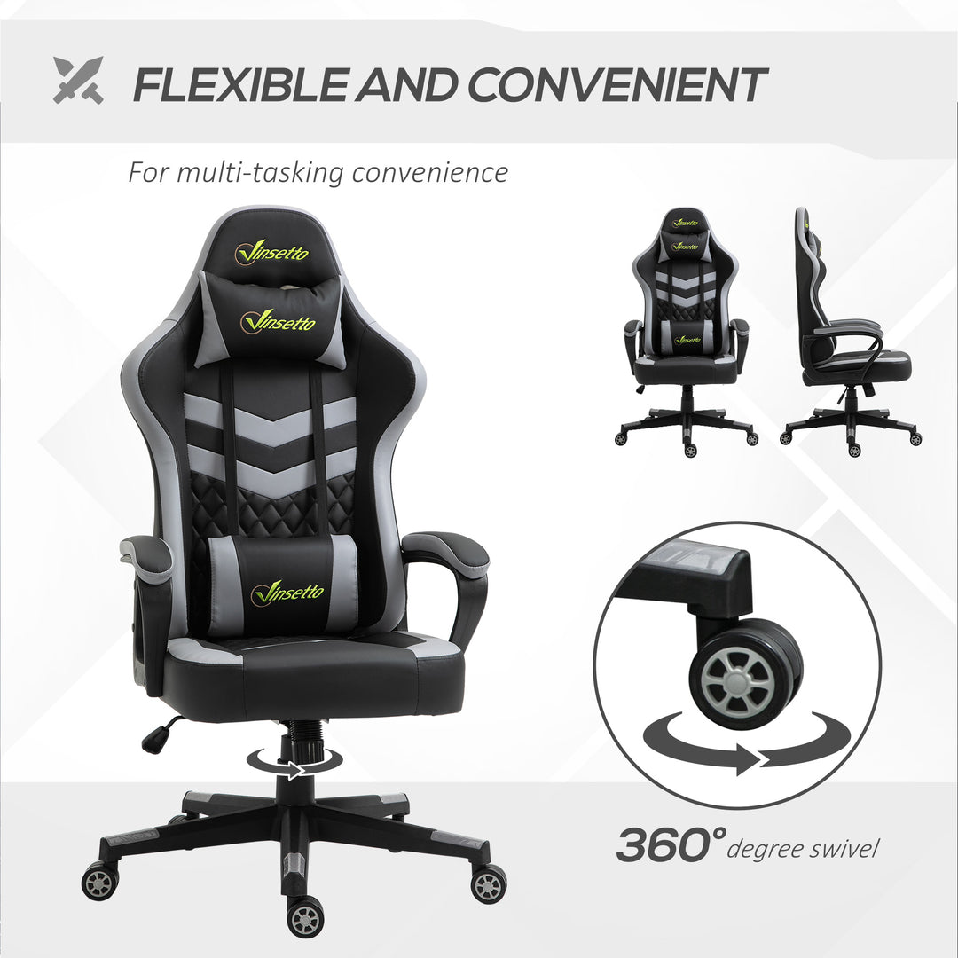 Gaming Chair, Computer Desk Chair with Lumbar Support, Faux Leather Racing Chair with Headrest and Swivel Wheels for Home Office, Black Grey